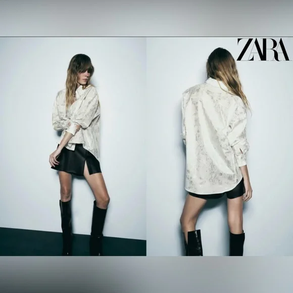 Zara Brushed Silver Metallic Foil White Cotton Button-Up Blouse | S | NWT - Picture 4 of 12